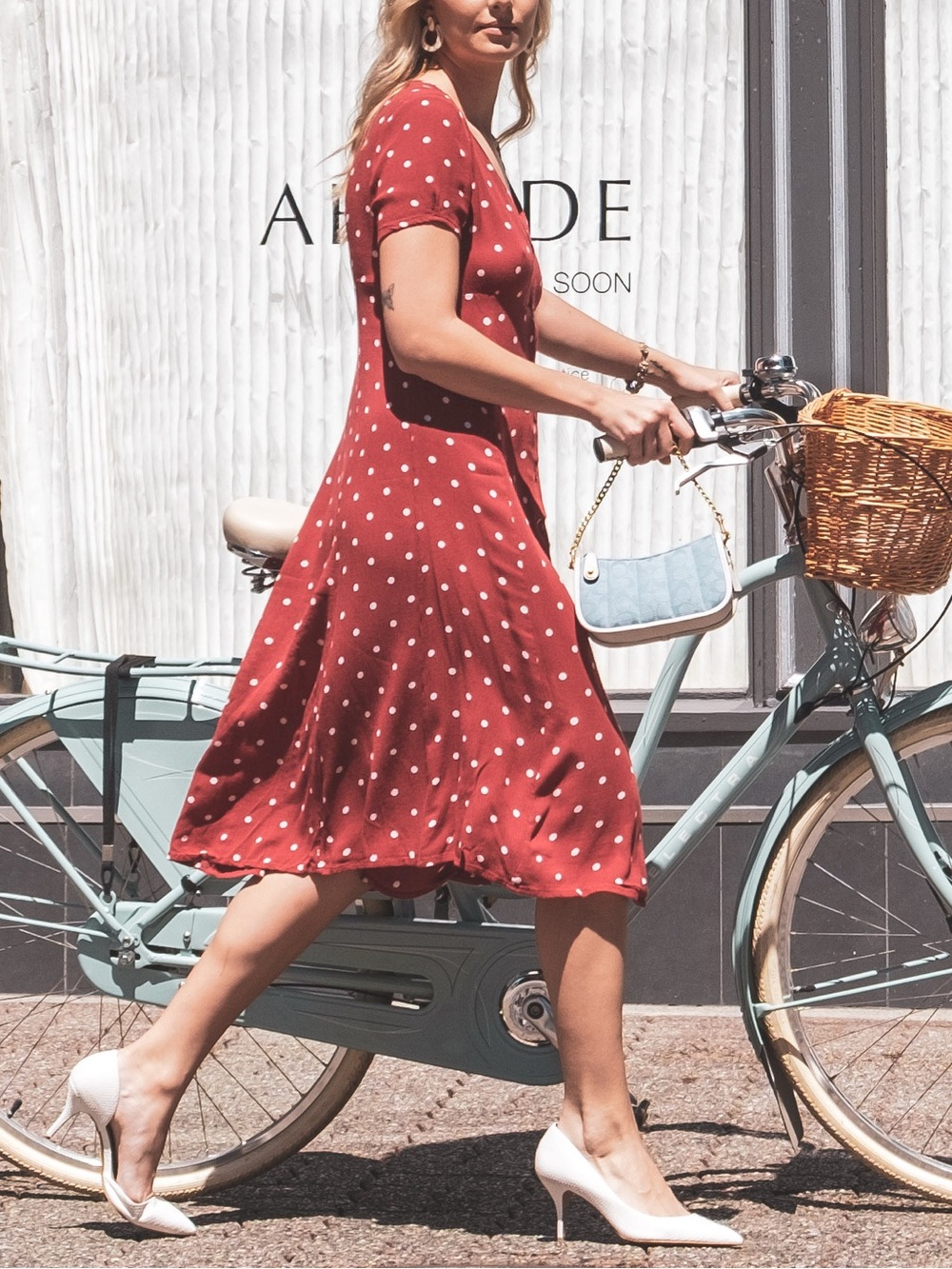 Red Polka Dot Button-Front Midi Dress